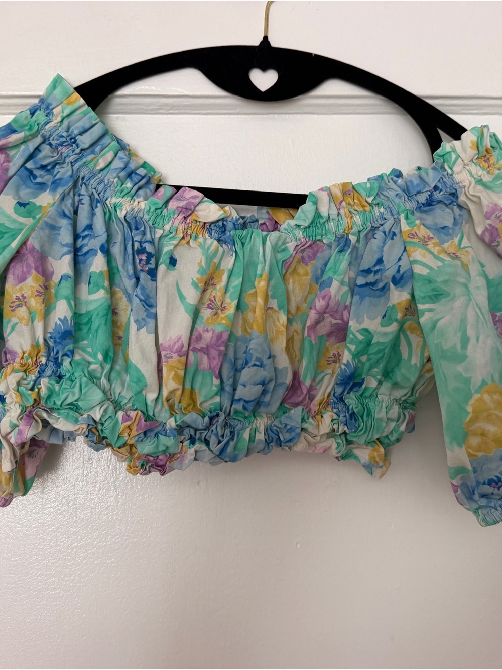 Zara Pastel Floral Off-Shoulder Crop Top - Aqua, Yellow, Lavender